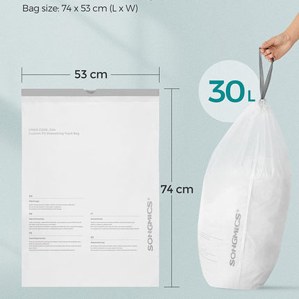 SONGMICS 2-Roll Drawstring Trash Bags Bundle，Suitable for SONGMICS Dual 2 x 30L Rubbish Bin - Leakproof, Strong HDPE, White Garbage Liners