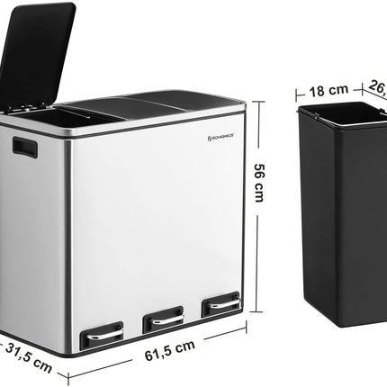 SONGMICS 3 x 18 L Waste Separation System with 3 Plastic Inner Buckets Pedal