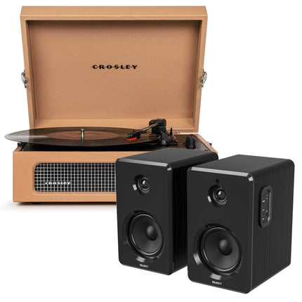 Crosley Voyager Bluetooth Portable Turntable - Tan + Bundled Majority D40 Bluetooth Speakers - Black