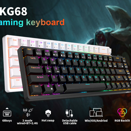 ROYAL KLUDGE RK68 Wireless Hot Swap White 65% Mechanical Keyboard, Red Switch