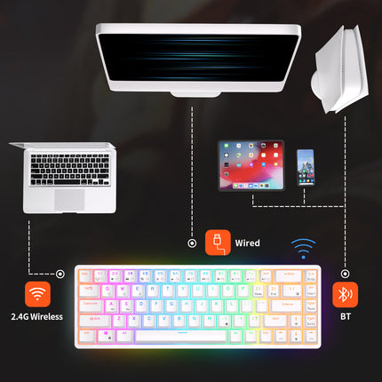 ROYAL KLUDGE RK68 Wireless Hot Swap White 65% Mechanical Keyboard, Red Switch