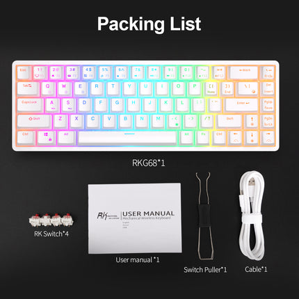 ROYAL KLUDGE RK68 Wireless Hot Swap White 65% Mechanical Keyboard, Red Switch