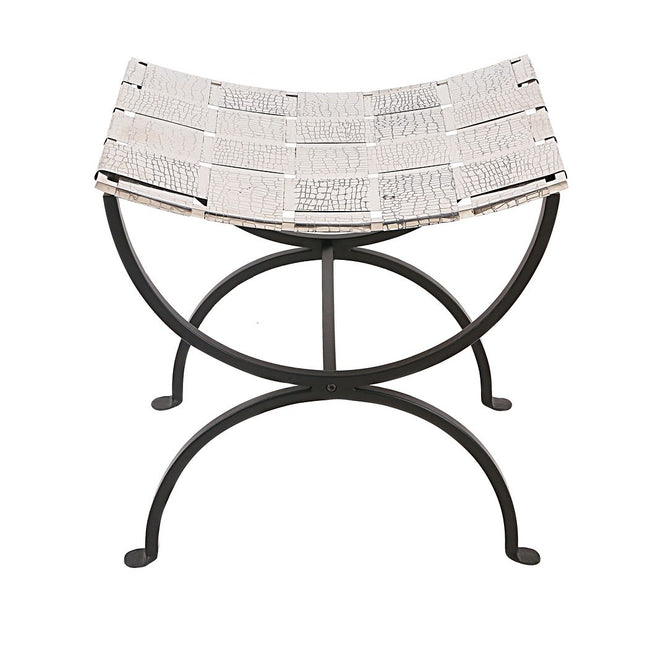 Small Black Dining Bench Seat with Woven Stainless Steel Top