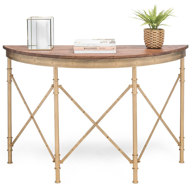 Wooden Hallway Console Table Half Round Shape in French Brass Finish