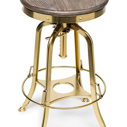 Industrial Height Adjustable Swivel Bar Stool with Oak Wood Top - Gold Finish