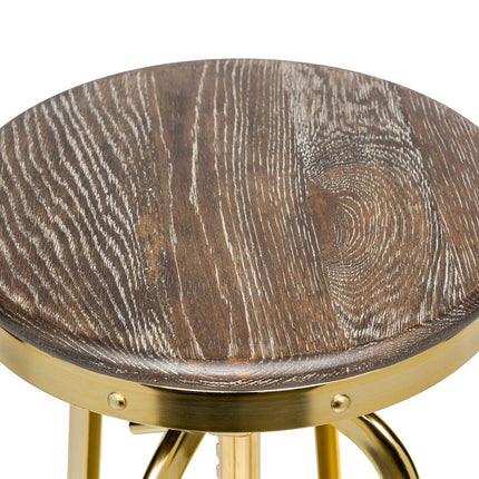 Industrial Height Adjustable Swivel Bar Stool with Oak Wood Top - Gold Finish