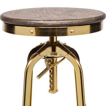 Industrial Height Adjustable Swivel Bar Stool with Oak Wood Top - Gold Finish