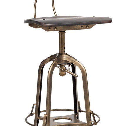 Industrial Wooden Height Adjustable Swivel Bar Stool Chair with Back - Dark French Brass