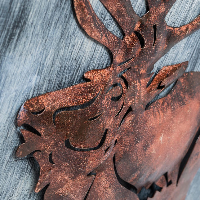 Decorative Reindeer 3D Wood Metal Wall Art Decor in Blue and Rusty Bronze