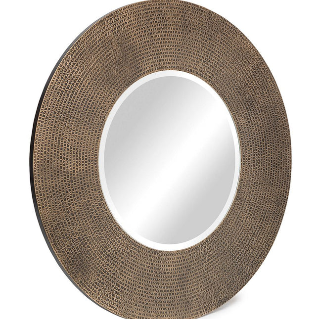 Round Wall Mirror with Croc Pattern Frame in Gold Black Finish
