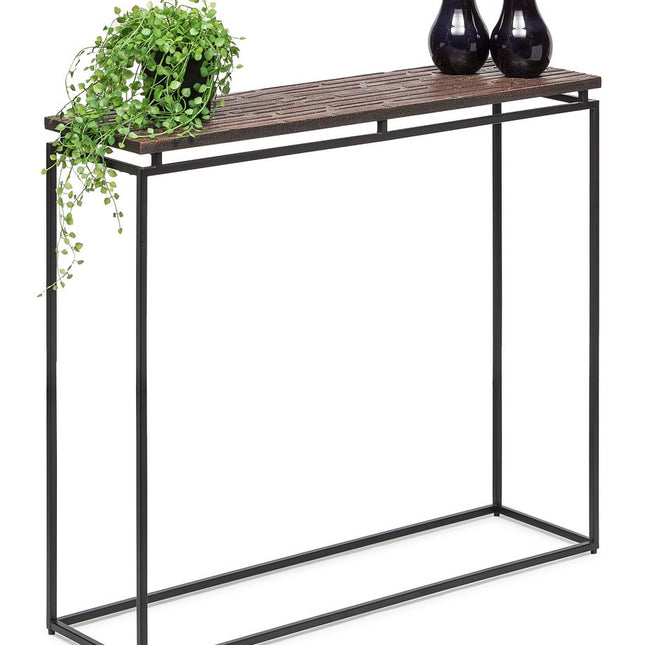 Modern Black Narrow Hallway Console Table with Copper Textured Wood Top