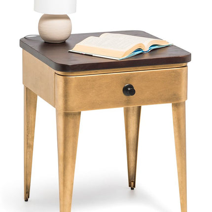 Modern Bedside Table in Brass Finish with Storage Drawer and Wood Top