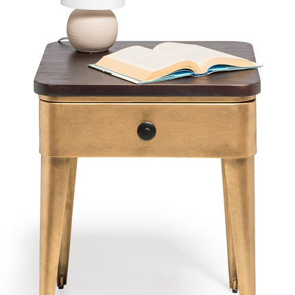Modern Bedside Table in Brass Finish with Storage Drawer and Wood Top