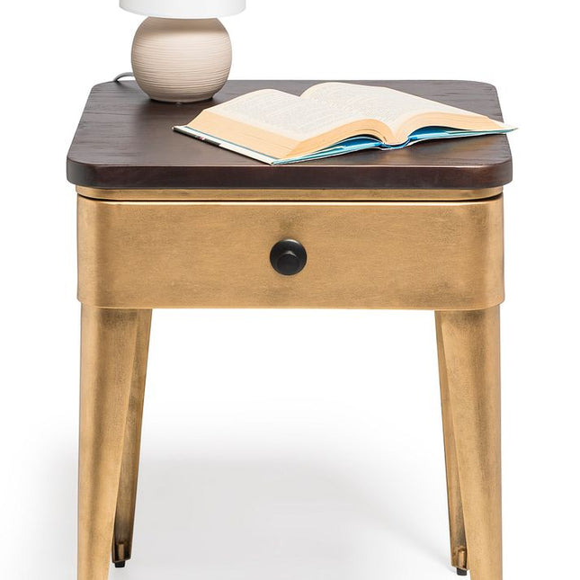 Modern Bedside Table in Brass Finish with Storage Drawer and Wood Top