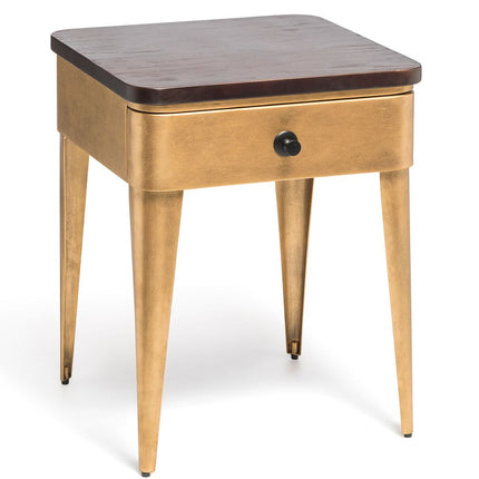 Modern Bedside Table in Brass Finish with Storage Drawer and Wood Top