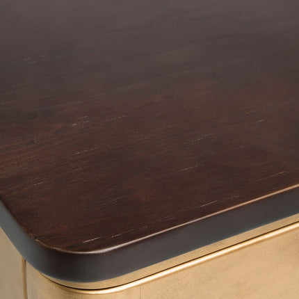 Modern Bedside Table in Brass Finish with Storage Drawer and Wood Top