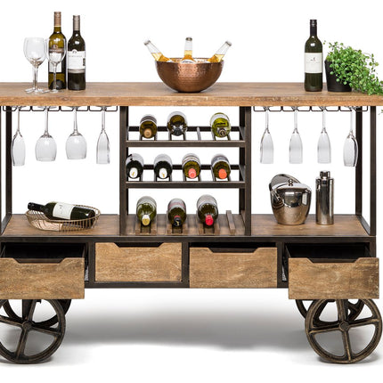 Industrial Style Wooden Bar Cart Drinks Trolley Station with Wine Bottle Rack