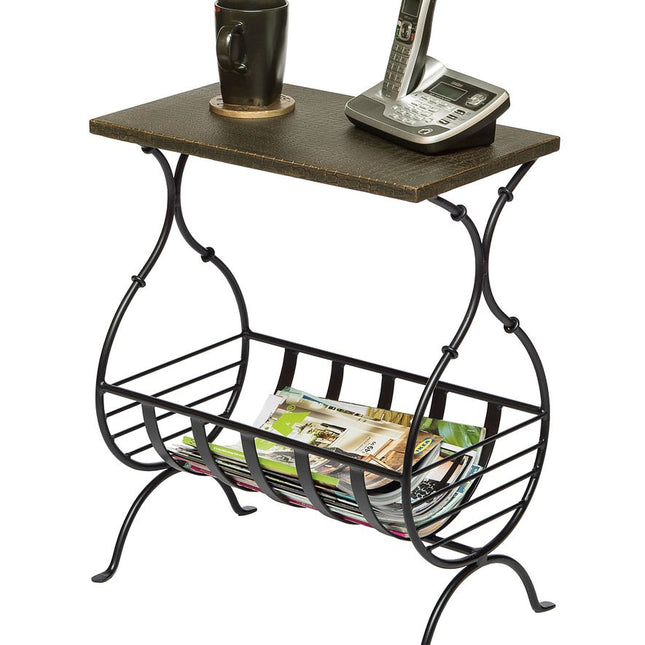 Black Iron Narrow Side Table with Magazine Storage and Gold Finish Top