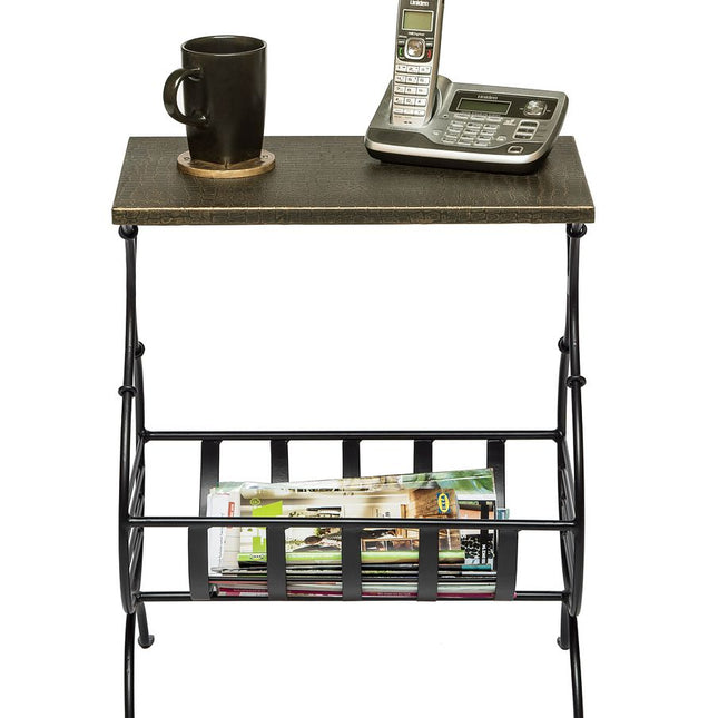 Black Iron Narrow Side Table with Magazine Storage and Gold Finish Top