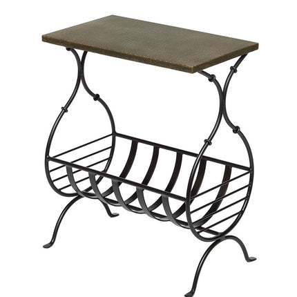 Black Iron Narrow Side Table with Magazine Storage and Gold Finish Top