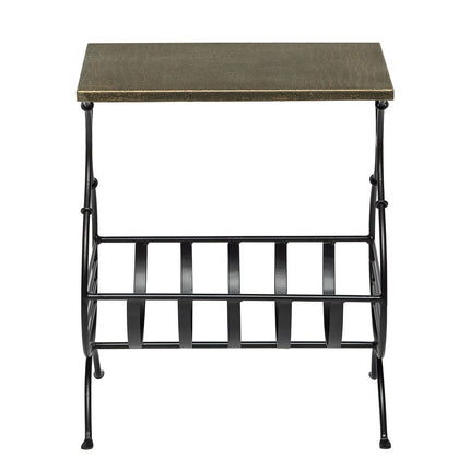Black Iron Narrow Side Table with Magazine Storage and Gold Finish Top