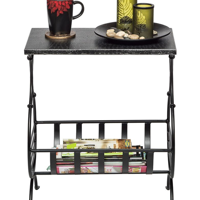 Black Iron Side Table with Magazine Storage and Silver Finish Top