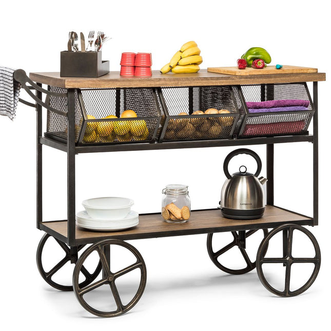 Retro Wooden Kitchen Island Trolley on Wheels with Storage Drawers