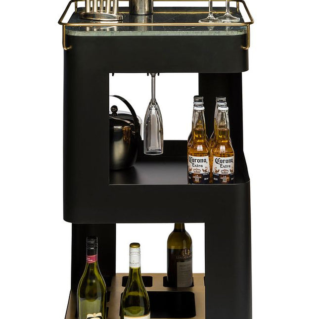 Contemporary Black Gold Drinks Trolley Bar Cart with Marble Top