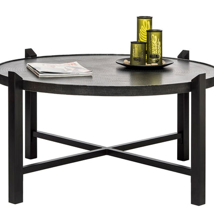 Modern Black Round Coffee Table with Silver Finish Engraved Top