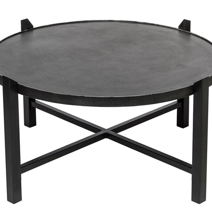 Modern Black Round Coffee Table with Silver Finish Engraved Top