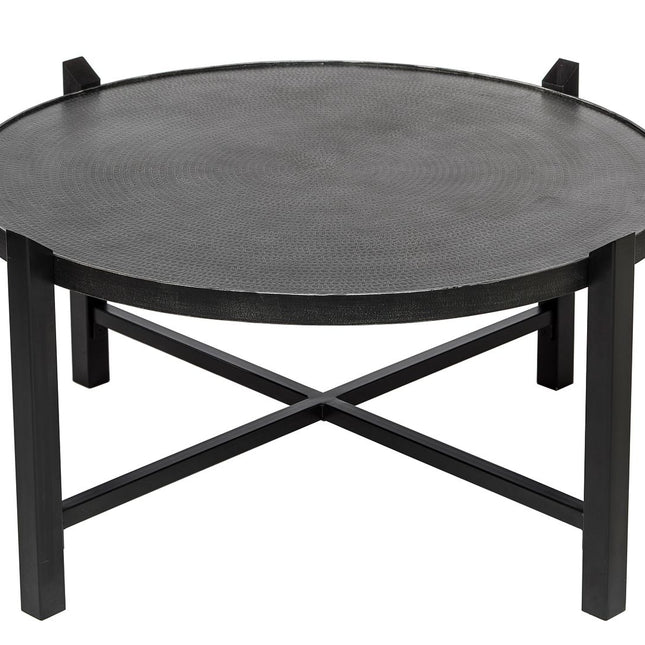 Modern Black Round Coffee Table with Silver Finish Engraved Top