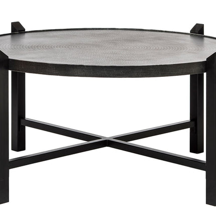 Modern Black Round Coffee Table with Silver Finish Engraved Top