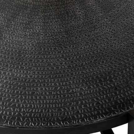 Modern Black Round Coffee Table with Silver Finish Engraved Top