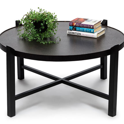 Modern Black Round Coffee Table with Copper Finish Engraved Top