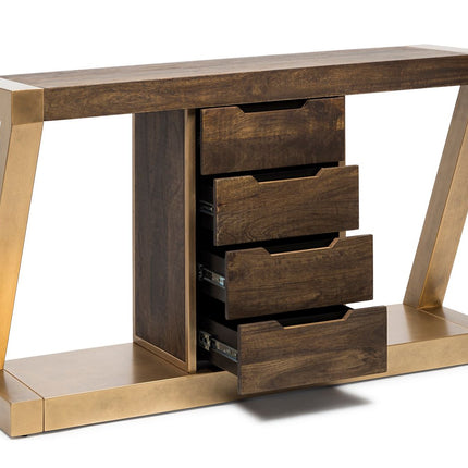 Contemporary Brass Wooden Z-Shaped Hallway Console Table with Drawers