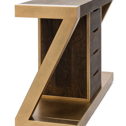 Contemporary Brass Wooden Z-Shaped Hallway Console Table with Drawers
