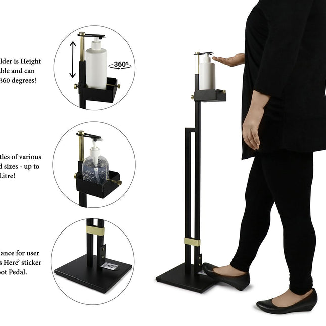 Lirash Touch Free Hand Sanitiser Dispenser Station Floor Stand Foot Operated - Gold Black