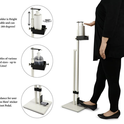 Lirash Touch Free Hand Sanitiser Dispenser Station Floor Stand Foot Operated - White Black