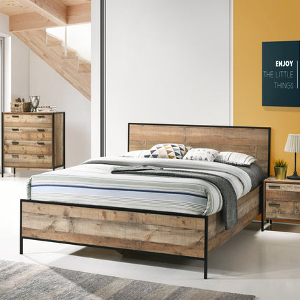 4 Pieces Bedroom Suite with Particle Board Contraction and Metal Legs Queen Size Oak Colour Bed, Bedside Table & Tallboy