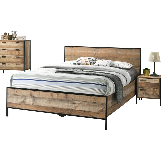 4 Pieces Bedroom Suite with Particle Board Contraction and Metal Legs Queen Size Oak Colour Bed, Bedside Table & Tallboy