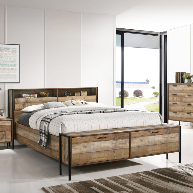 4 Pieces Storage Bedroom Suite with Particle Board Contraction and Metal Legs Queen Size Oak Colour Bed, Bedside Table & Tallboy