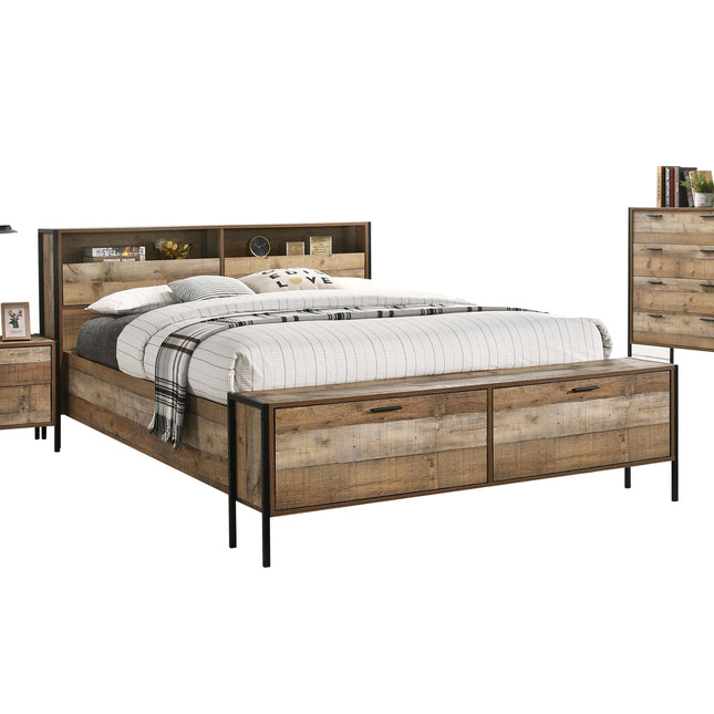 4 Pieces Storage Bedroom Suite with Particle Board Contraction and Metal Legs Queen Size Oak Colour Bed, Bedside Table & Tallboy