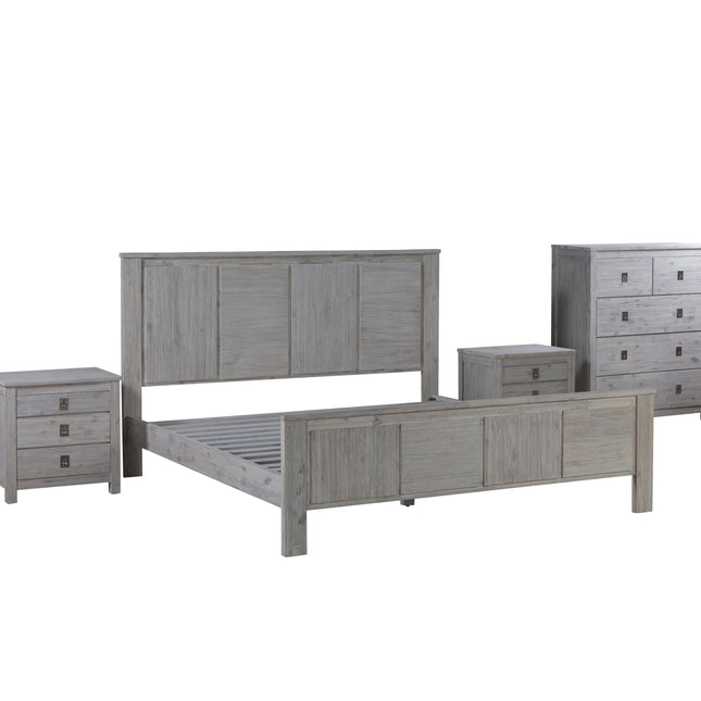4 Pieces Bedroom Suite with Solid Acacia Wood Veneered Construction in King Size White Ash Colour Bed, Bedside Table & Tallboy