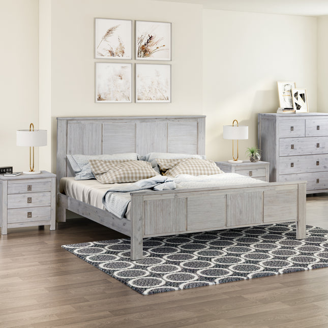 5 Pieces Bedroom Suite with Solid Acacia Wood Veneered Construction in King Size White Ash Colour Bed, Bedside Table , Tallboy & Dresser
