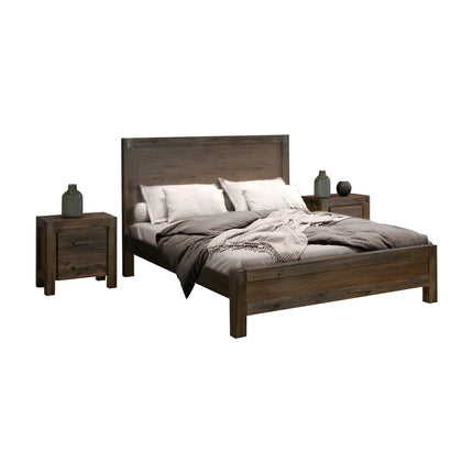 3 Pieces Bedroom Suite in Solid Wood Veneered Acacia Construction Timber Slat King Size Chocolate Colour Bed, Bedside Table