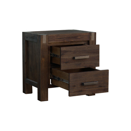 3 Pieces Bedroom Suite in Solid Wood Veneered Acacia Construction Timber Slat King Size Chocolate Colour Bed, Bedside Table