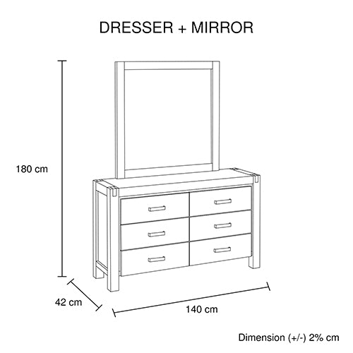 Dresser with 6 Storage Drawers in Solid Acacia & Veneer With Mirror in Oak Colour