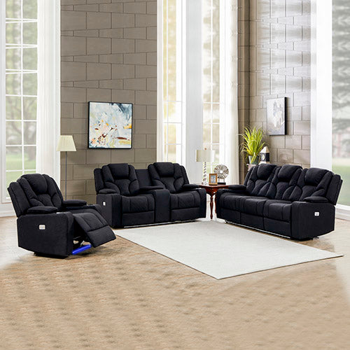 3+2+1 Seater Electric Recliner Stylish Rhino Fabric Black Lounge Armchair with LED Features