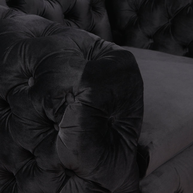 Single Seater Black Sofa Classic Armchair Button Tufted in Velvet Fabric with Metal Legs