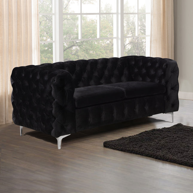 2 Seater Sofa Classic Button Tufted Lounge in Black Velvet Fabric with Metal Legs